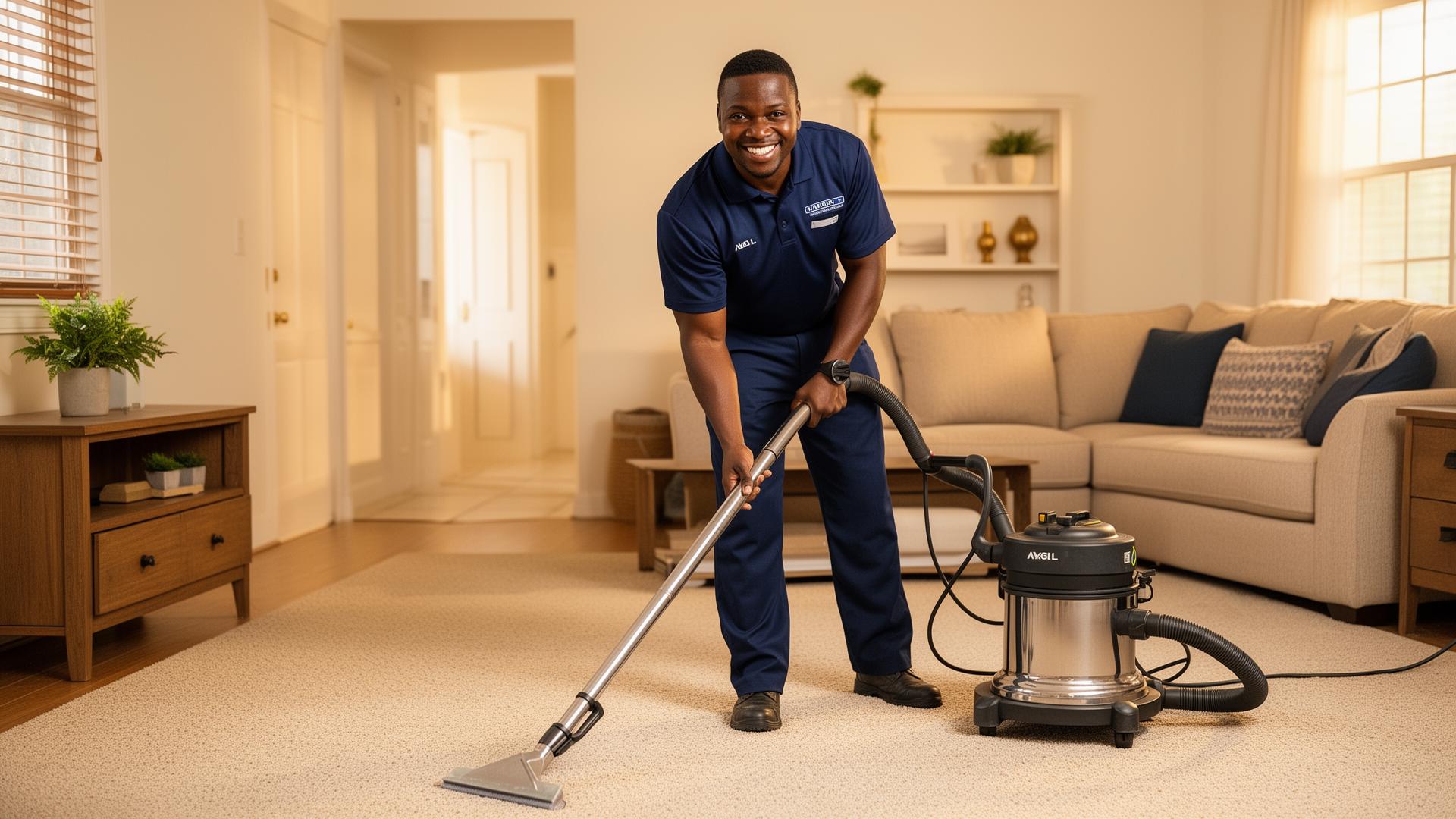 Edward's Enterprise technician cleaning a living room carpet in Albany, Georgia